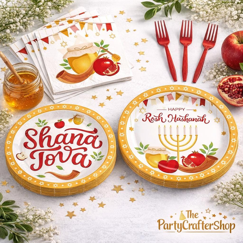 Rosh Hashanah Tableware Set, Shana Tova Plates, Napkins, Forks (24 Guests)