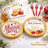 Rosh Hashanah Tableware Set, Shana Tova Plates, Napkins, Forks (24 Guests)