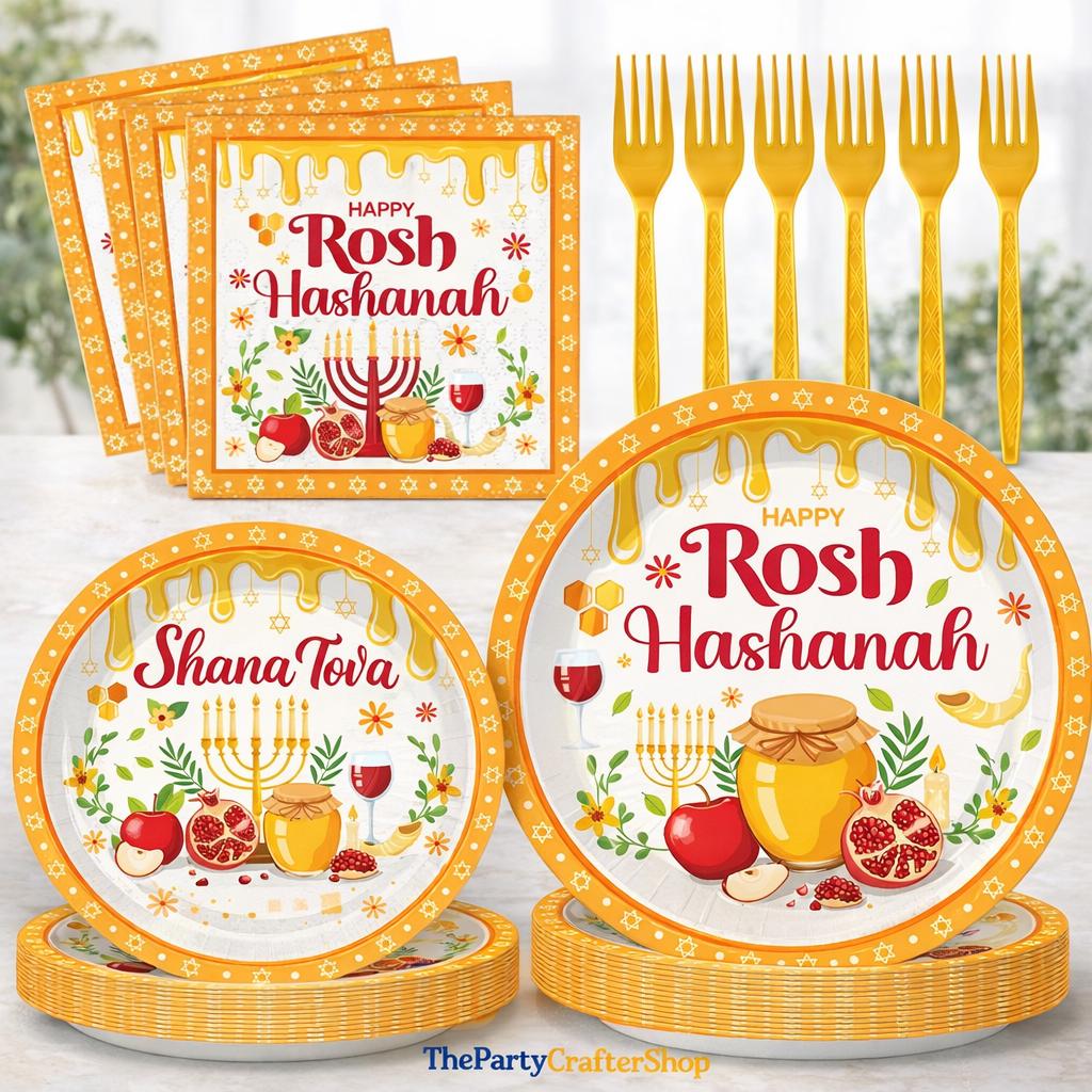 Rosh Hashanah Tableware Set, 96-Piece Shana Tova Party Supplies (24 Guests)