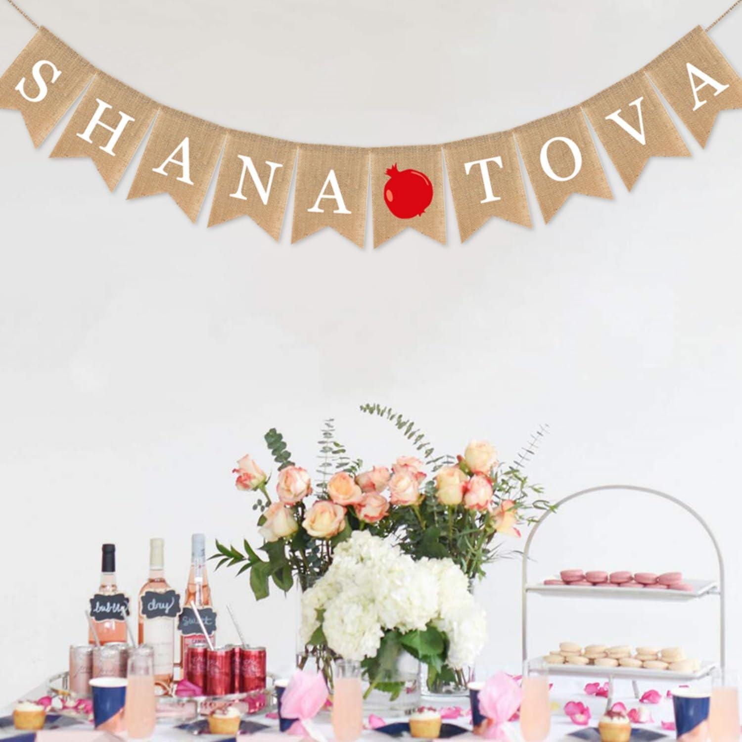 Shana Tova Burlap Banner, Rosh Hashanah Jewish New Year Bunting Sign