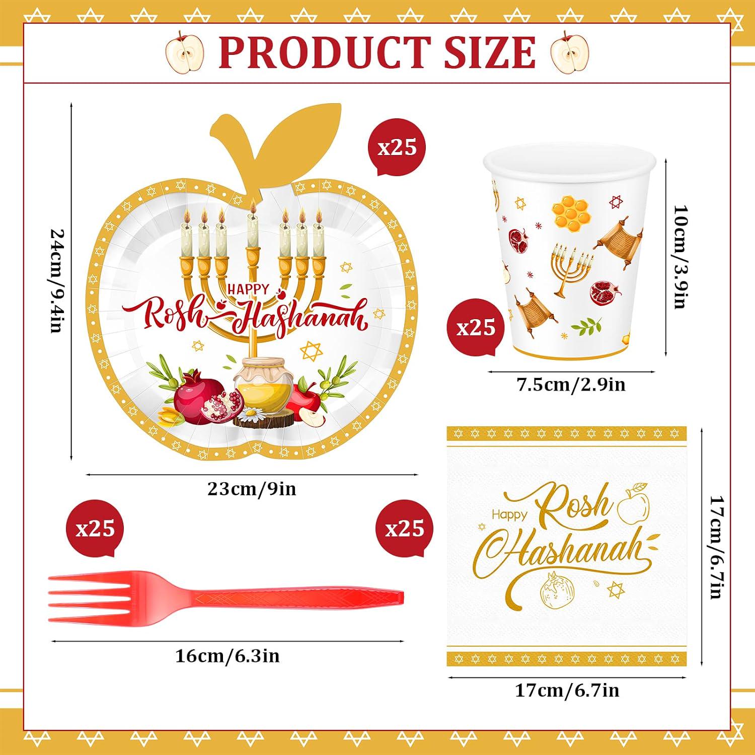 Rosh Hashanah Party Tableware Set, Jewish New Year Plates Forks Napkins for 25 Guests