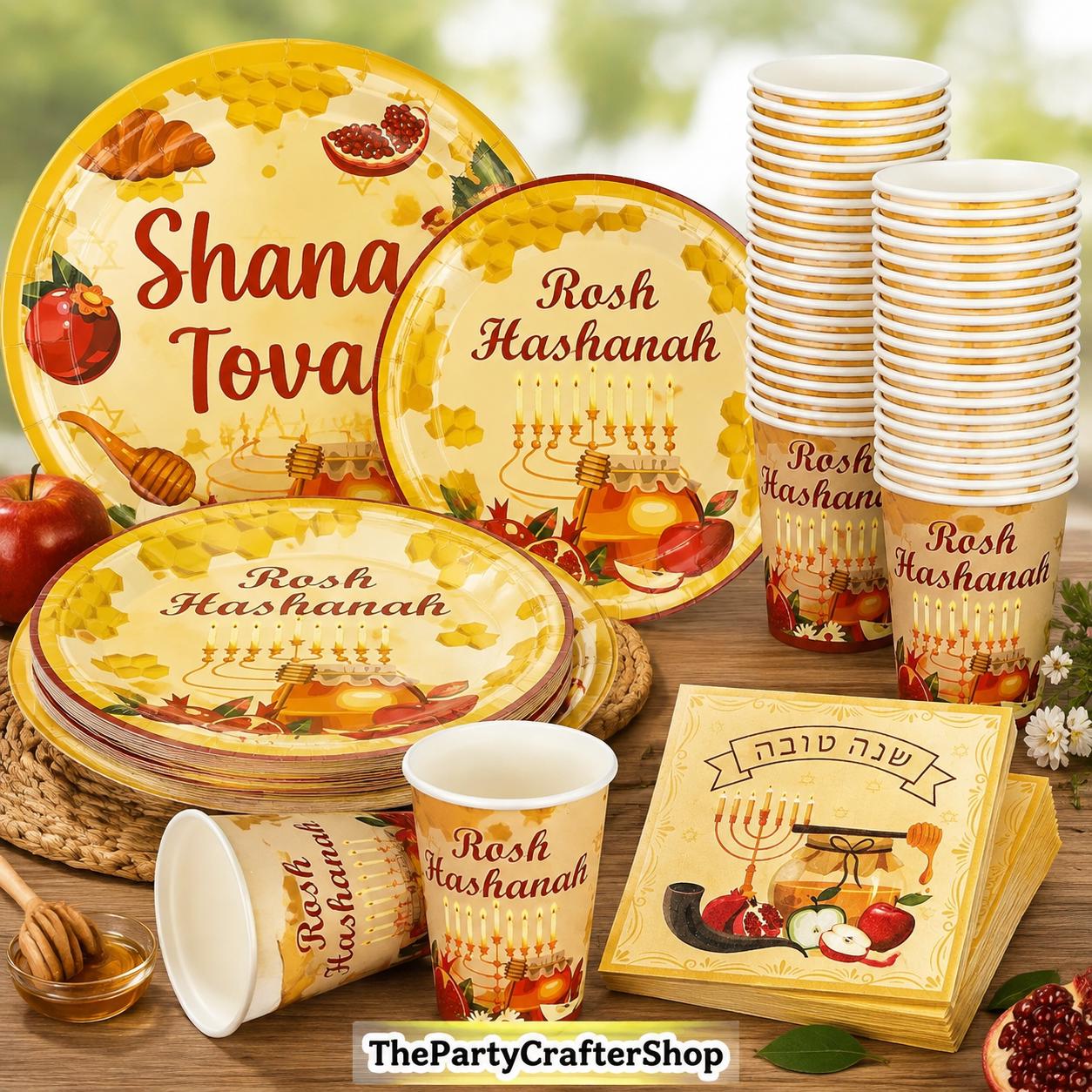 Rosh Hashanah Paper Plates, Cups, Napkins Set, Jewish New Year Party Tableware (200PCS)