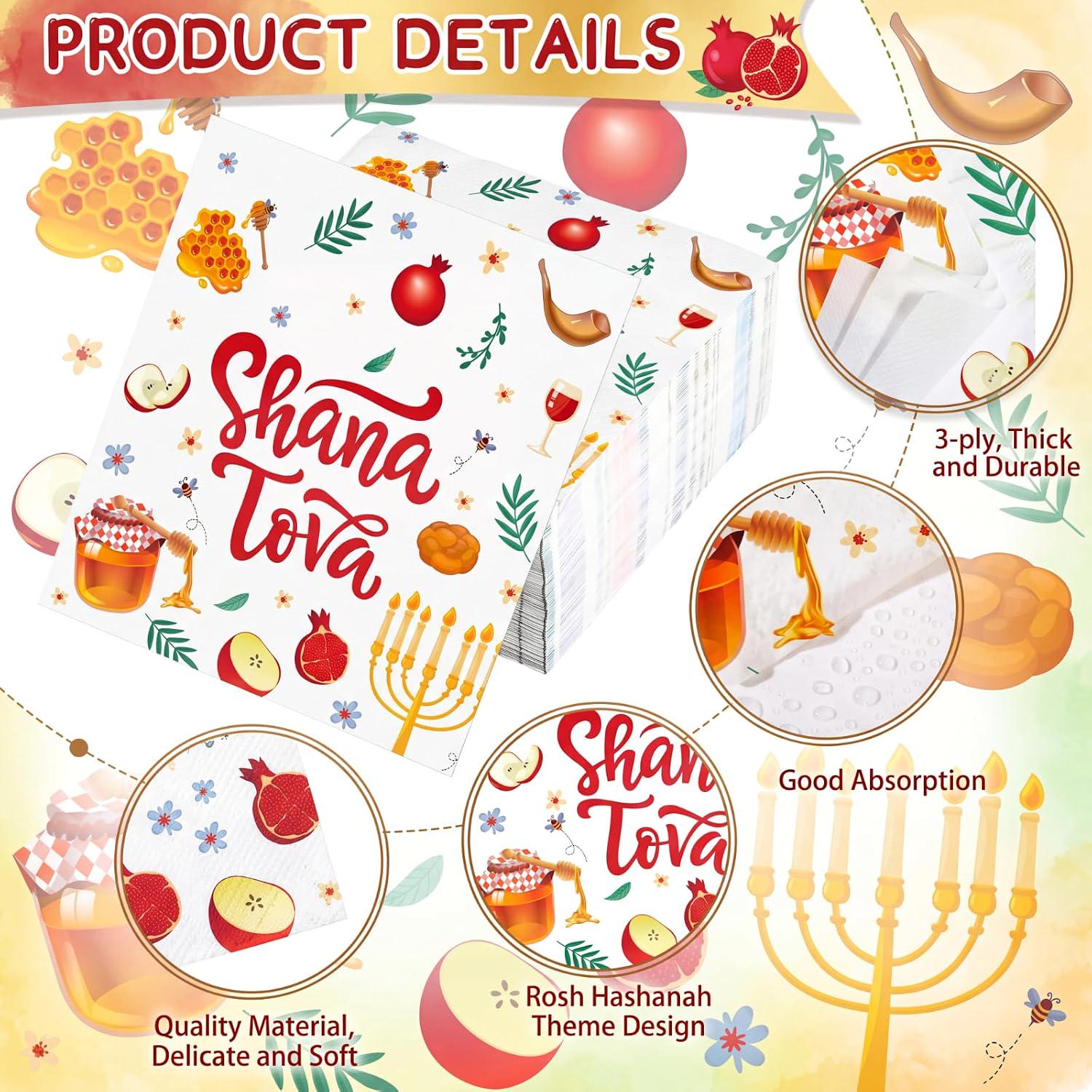 Shana Tova Napkins, Rosh Hashanah Jewish New Year Table Decor, 100PCS 3-Ply