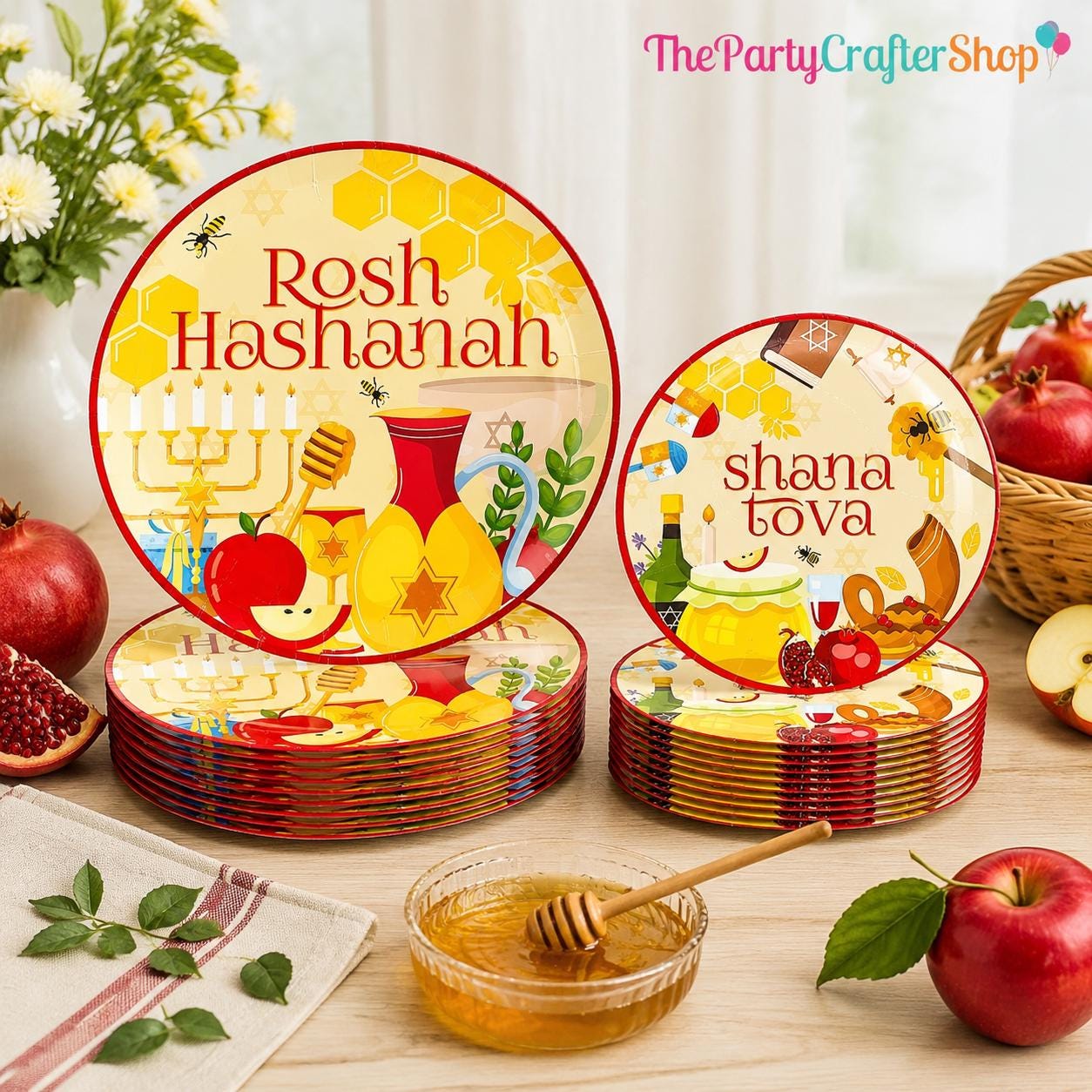 Rosh Hashanah Paper Plates, Shana Tova Jewish New Year Party Decor (60 Pieces)