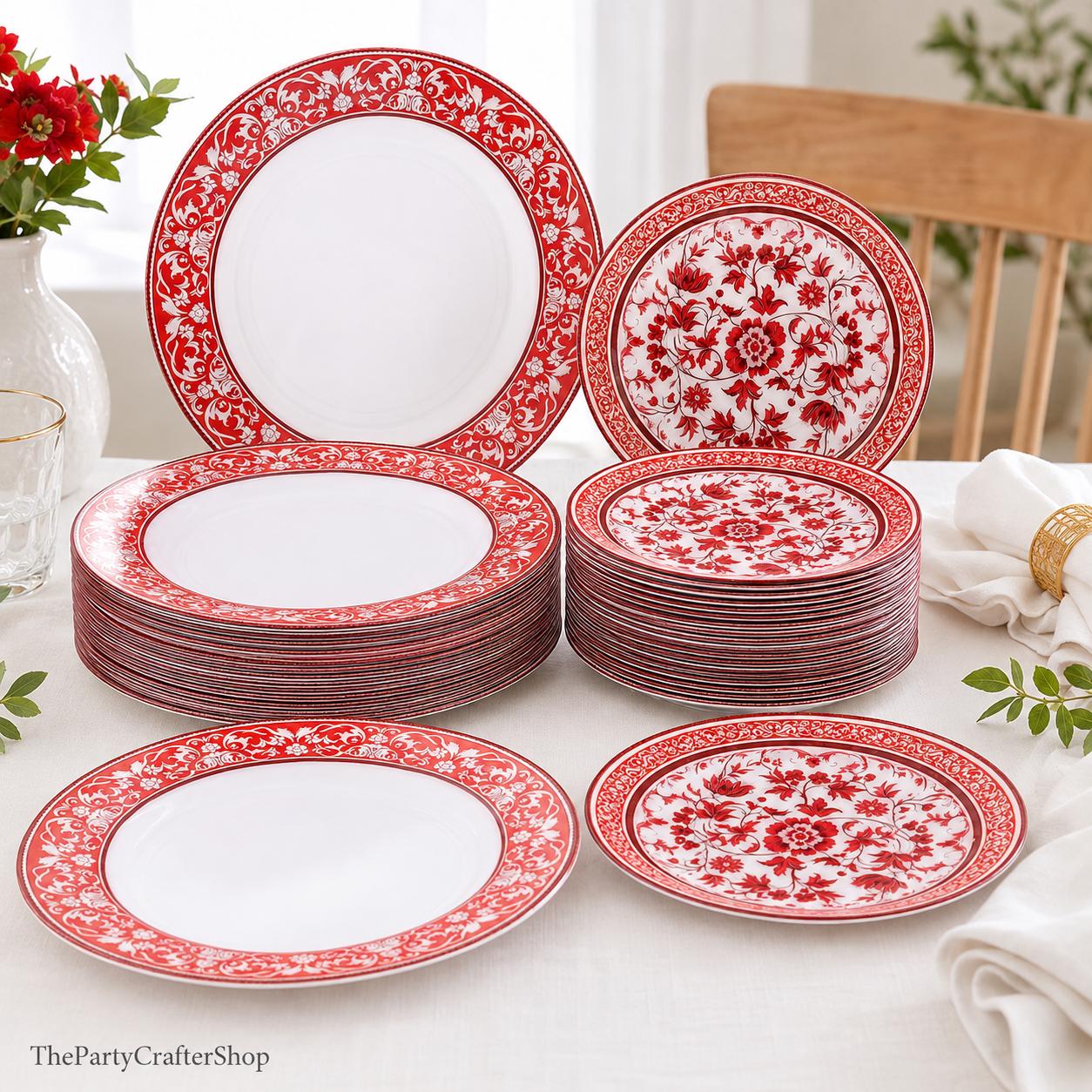 Red Floral Plastic Plates Set, Disposable Dinner Dessert Tableware, Wedding Party Supplies
