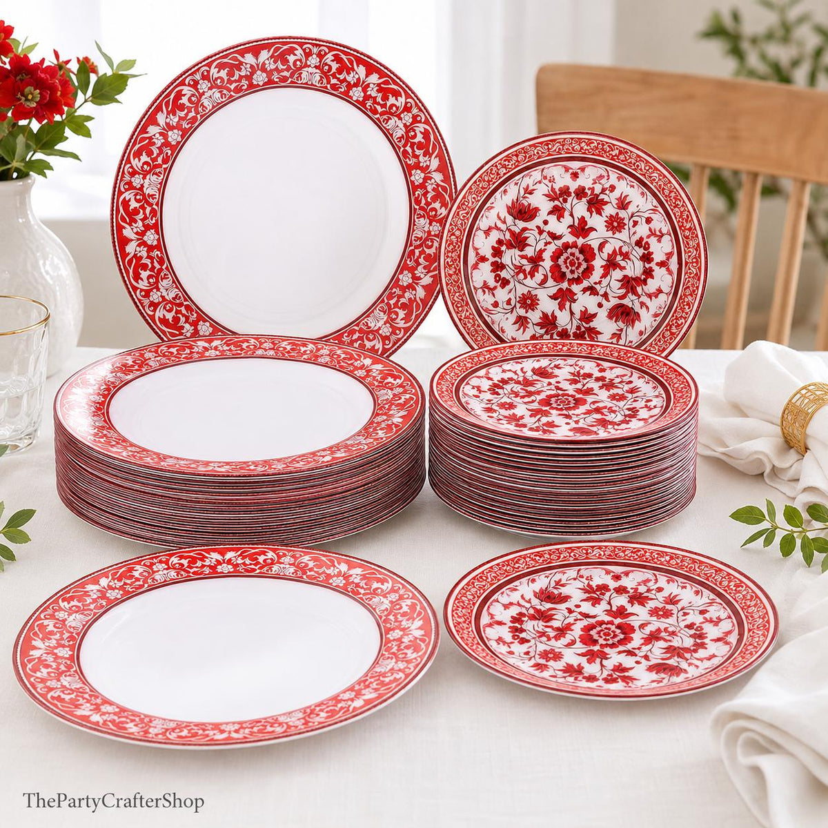 Red Floral Plastic Plates Set, Disposable Dinner Dessert Tableware, Wedding Party Supplies