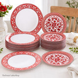 Red Floral Plastic Plates Set, Disposable Dinner Dessert Tableware, Wedding Party Supplies