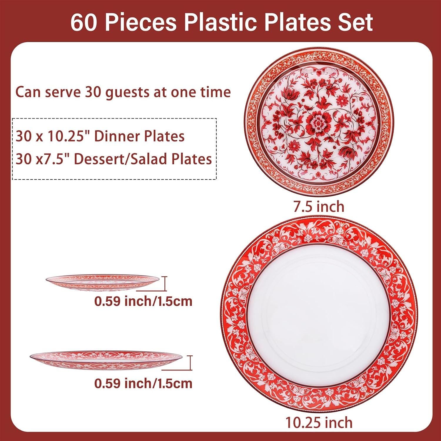 Red Floral Plastic Plates Set, Disposable Dinner Dessert Tableware, Wedding Party Supplies