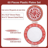 Red Floral Plastic Plates Set, Disposable Dinner Dessert Tableware, Wedding Party Supplies