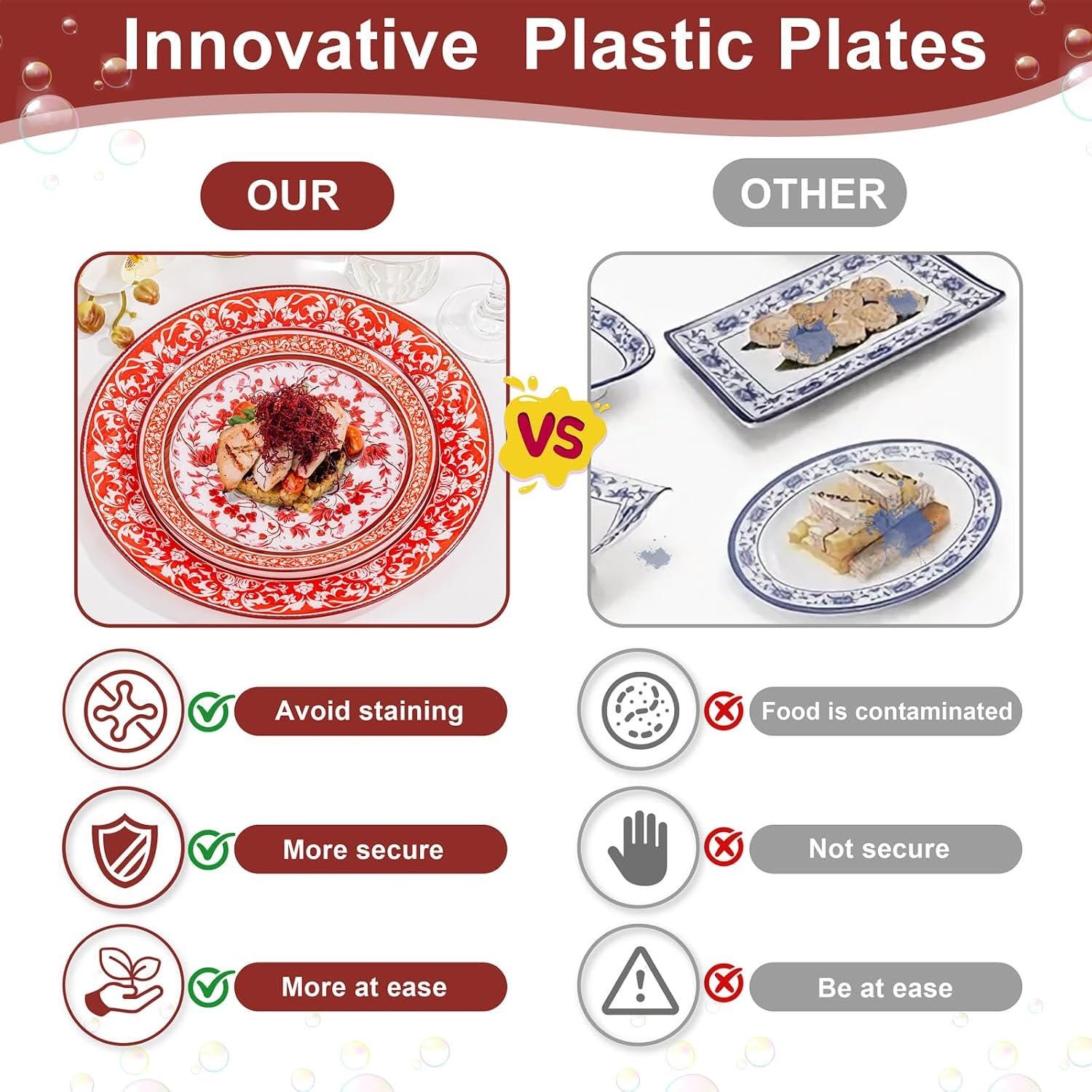 Red Floral Plastic Plates Set, Disposable Dinner Dessert Tableware, Wedding Party Supplies