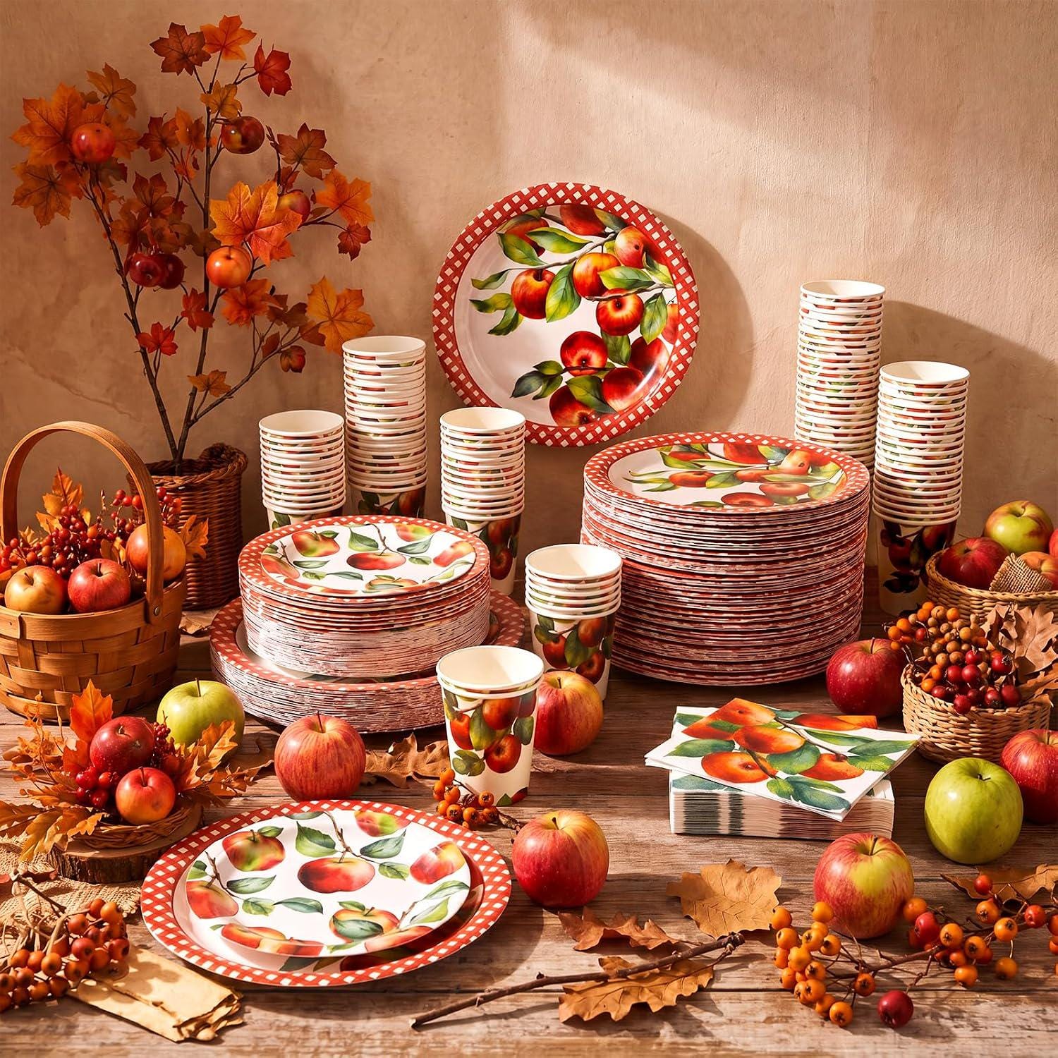 Apple Harvest Party Tableware Set, 250-Piece Paper Plates, Cups, Napkins (Fall Theme)