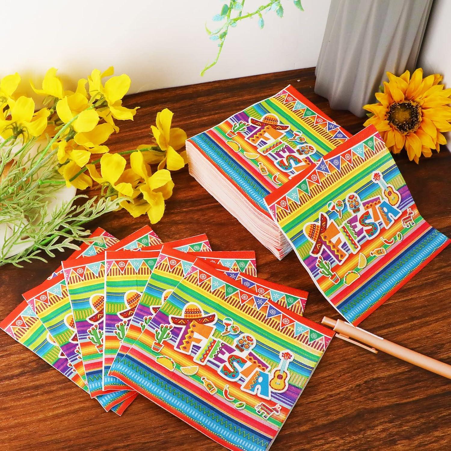 Mexican Fiesta Napkins 50PCS, Colorful Stripe Paper Napkins, Taco Birthday Wedding Party Table Decor