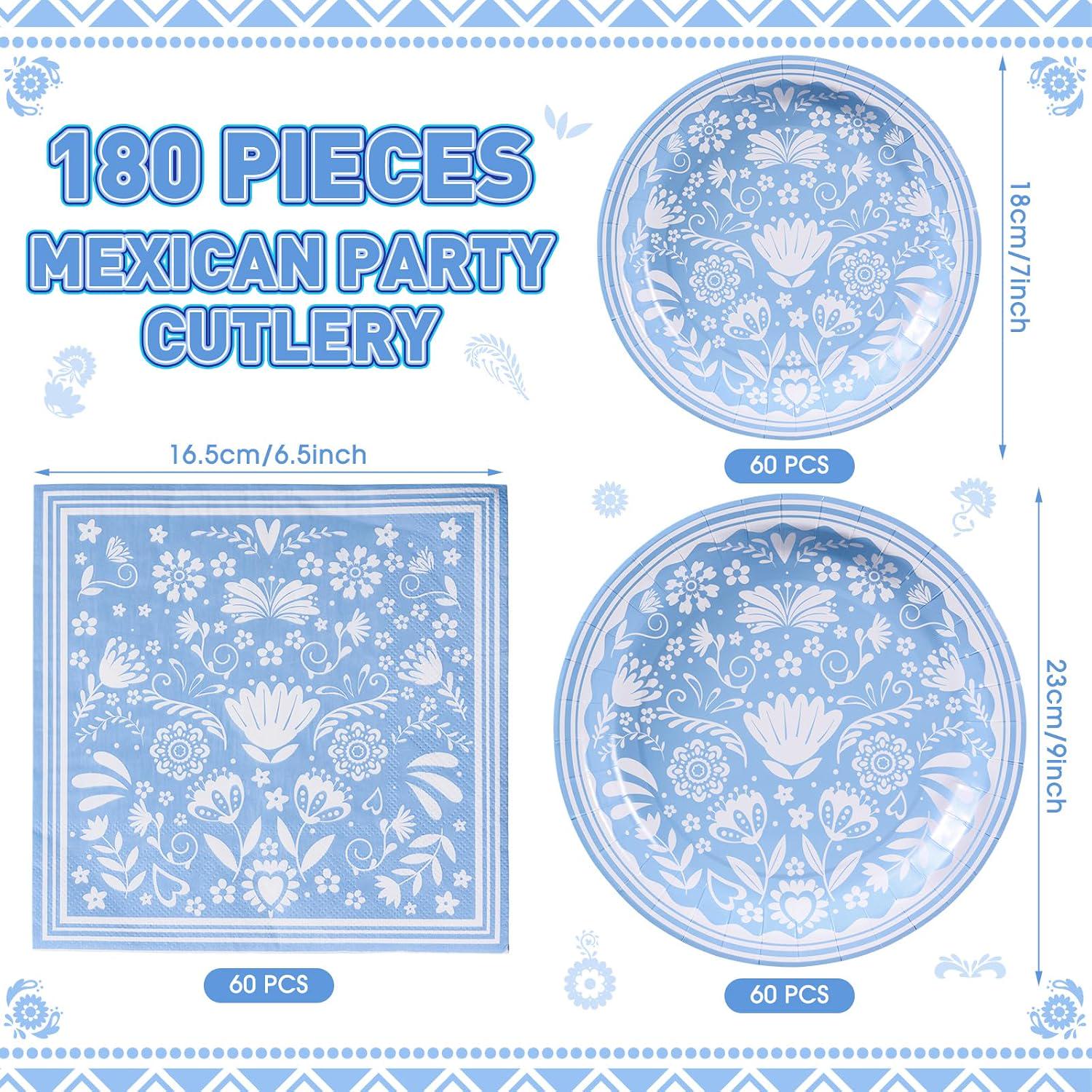 Mexican Fiesta Baby Shower Tableware Set, Blue Floral Paper Plates Napkins (180PCS)