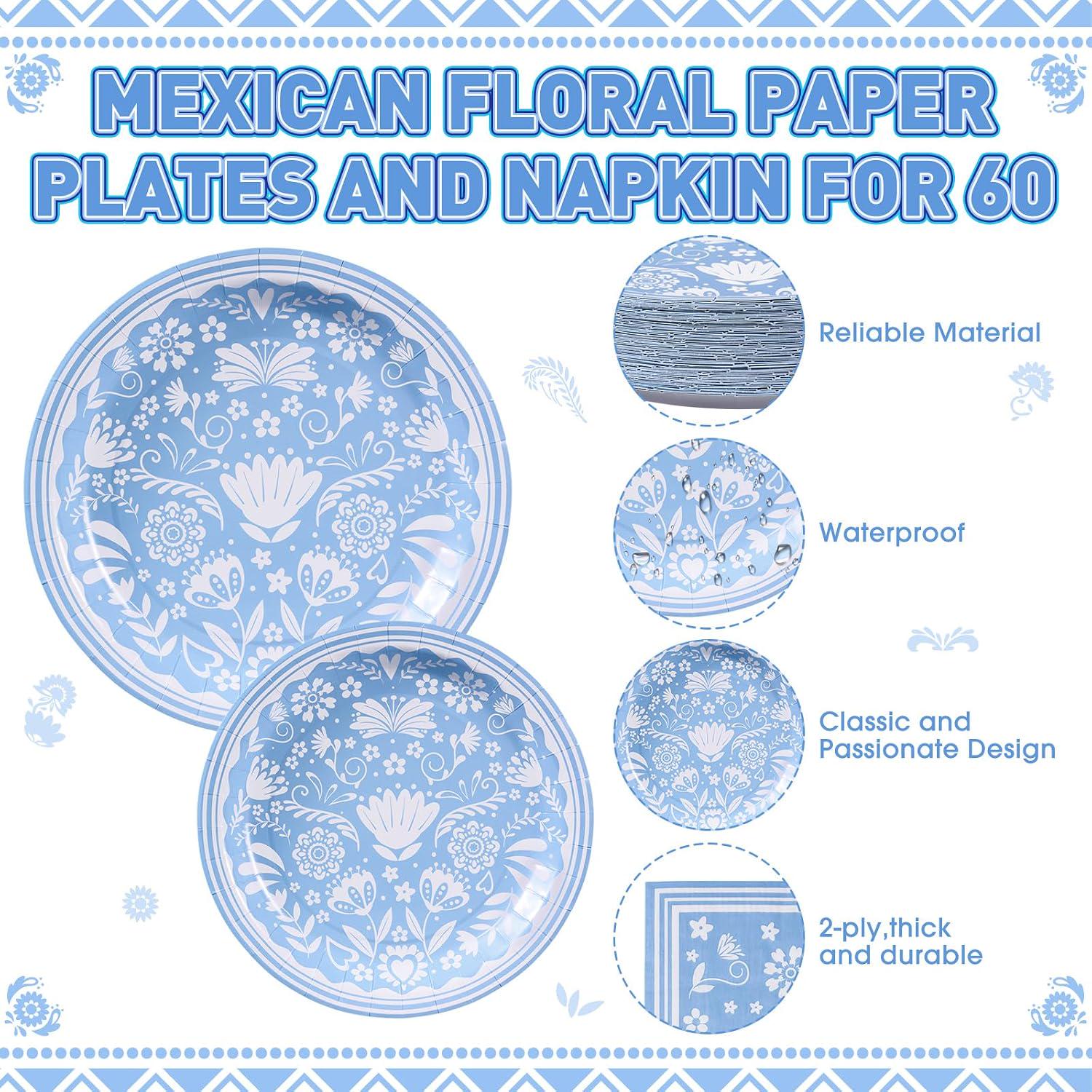 Mexican Fiesta Baby Shower Tableware Set, Blue Floral Paper Plates Napkins (180PCS)