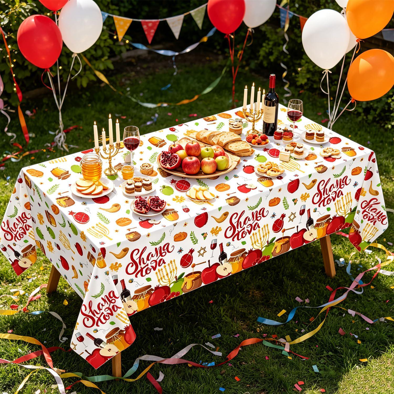 Rosh Hashanah Tablecloth Set, Shana Tova Jewish New Year Decor (51x86 Inch)