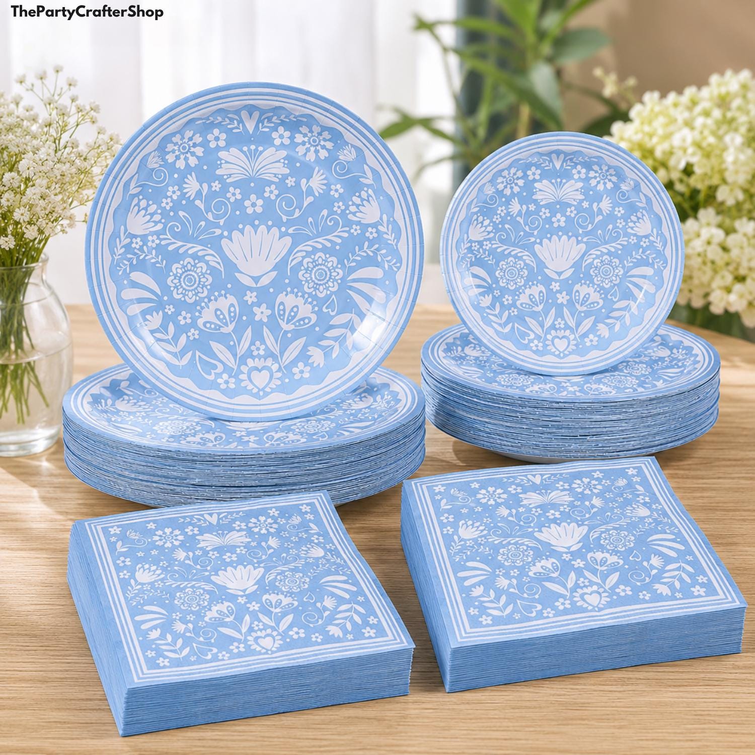 Mexican Fiesta Baby Shower Tableware Set, Blue Floral Paper Plates Napkins (180PCS)