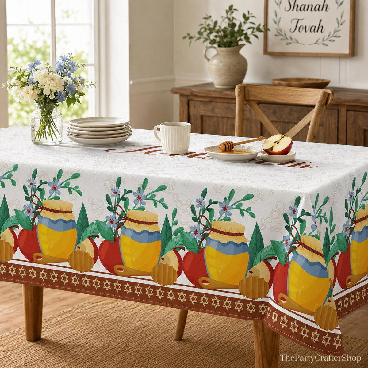 Rosh Hashanah Tablecloth, 60x84 Inch, Apple Pomegranate Honey Design (Washable)