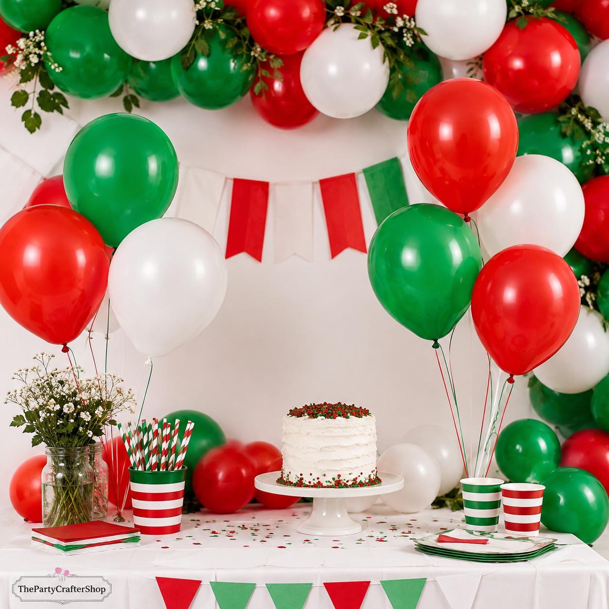 100 Mexican Independence Day Balloons, Red Green White Fiesta Arch (12 Inch Latex)