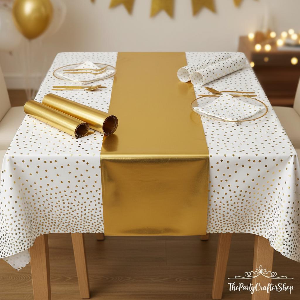 Gold Polka Dot Tablecloths and Runners Set, 8 Pack Party Decor