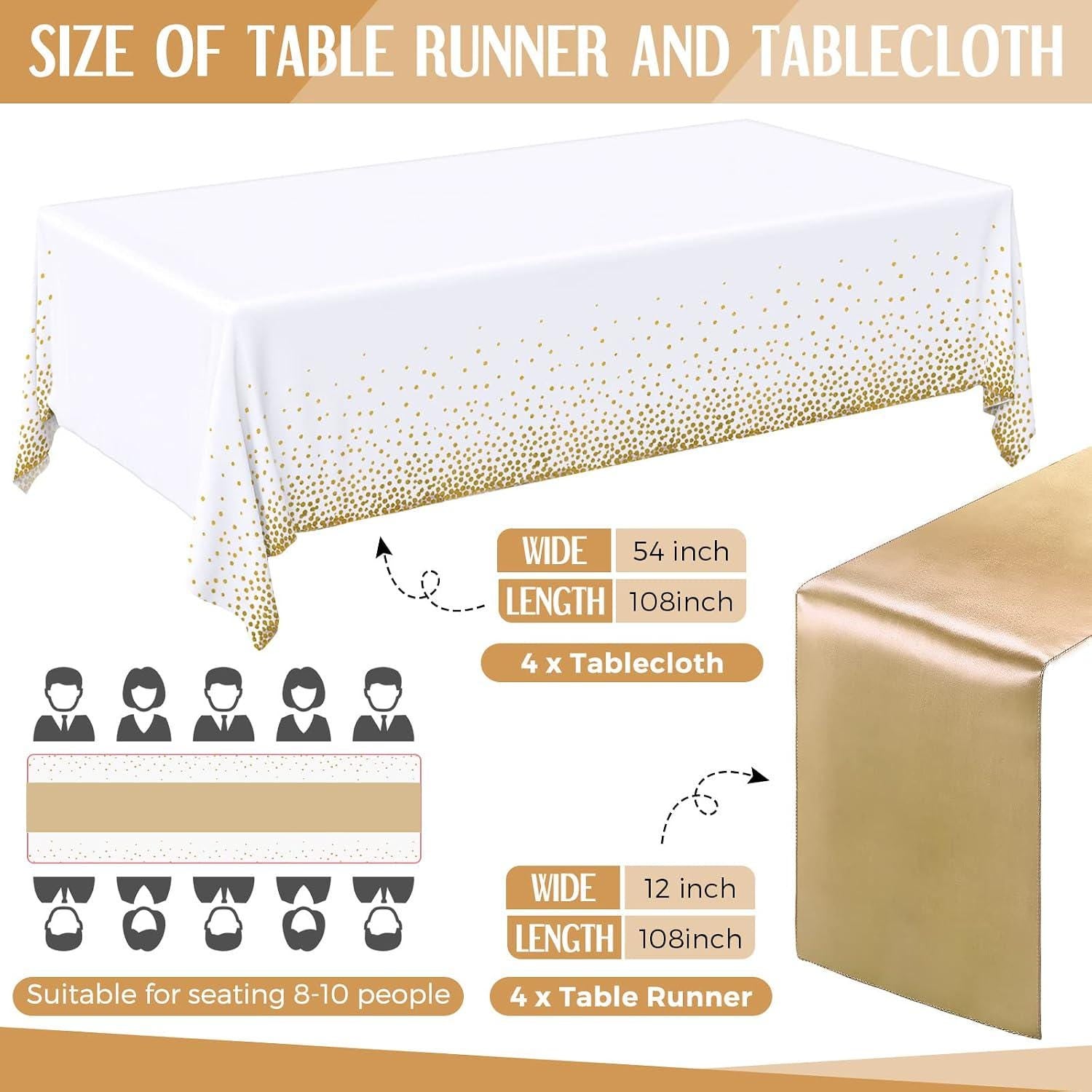 Gold Polka Dot Tablecloths and Runners Set, 8 Pack Party Decor