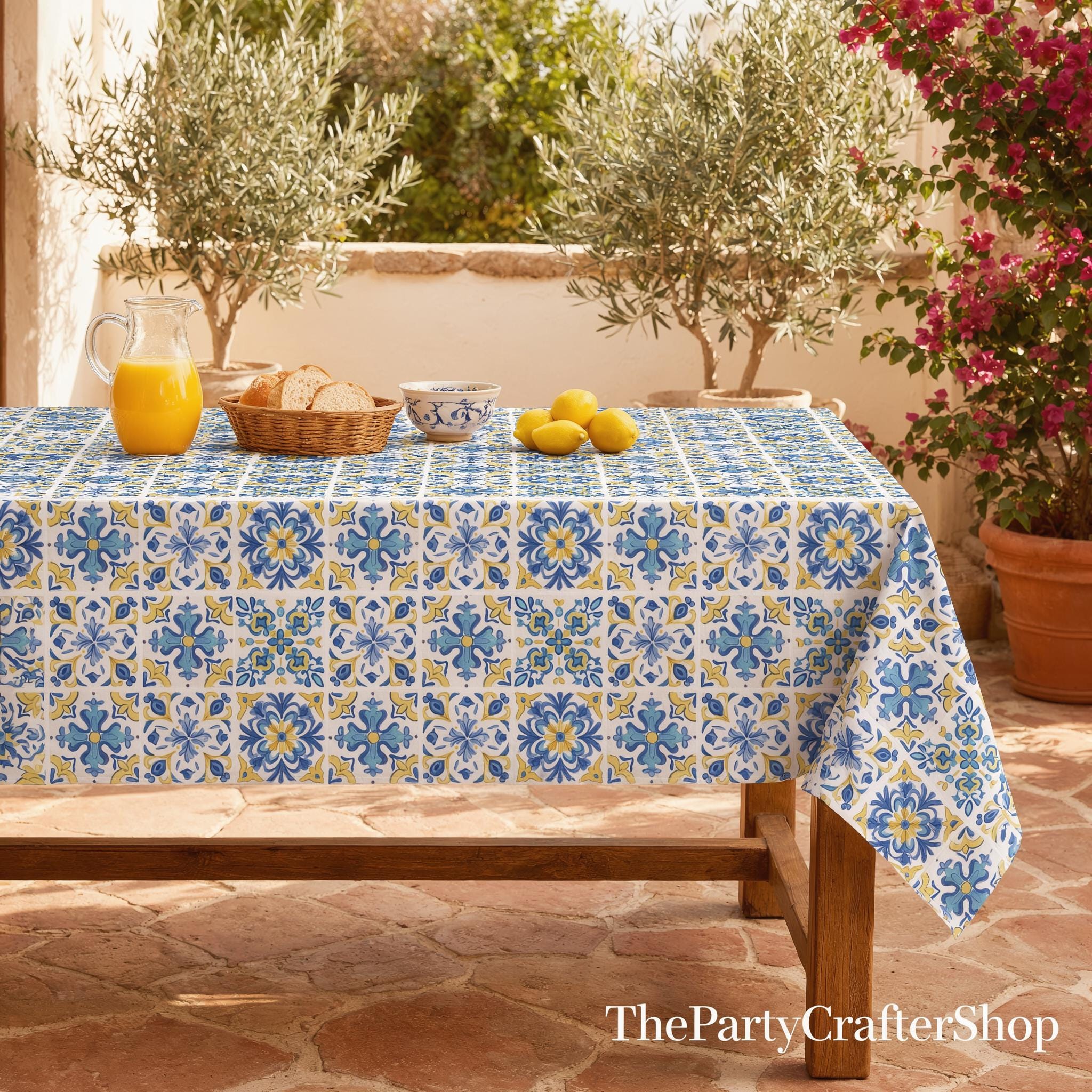 Blue Talavera Tablecloth, 60x84 Inch, Washable Outdoor Dining Decor