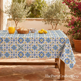 Blue Talavera Tablecloth, 60x84 Inch, Washable Outdoor Dining Decor