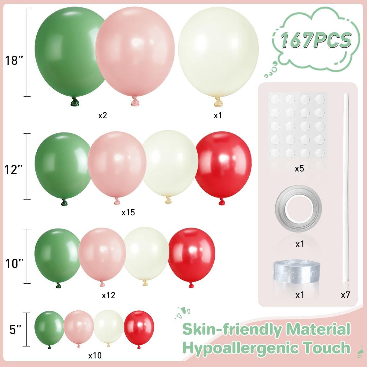 167-Piece Mexican Independence Day Balloon Arch Kit, Sage Green Pink Red Ivory Fiesta Decorations
