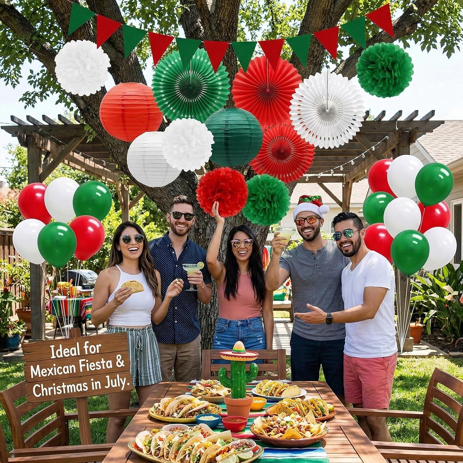 Mexican Independence Day Party Kit, Red Green White Banners, Fans, Lanterns, Pom Poms, Balloons