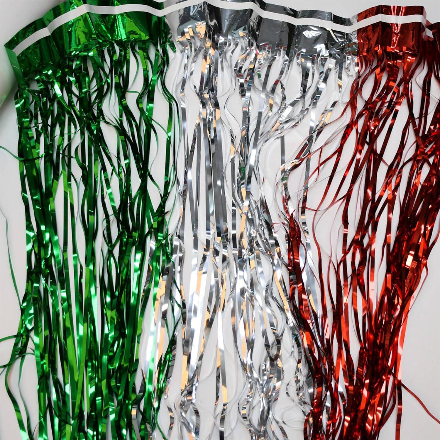 2 Pack Mexican Independence Day Foil Fringe Curtains, Red Silver Green Fiesta Decorations (3.2x6.6 Ft) TP