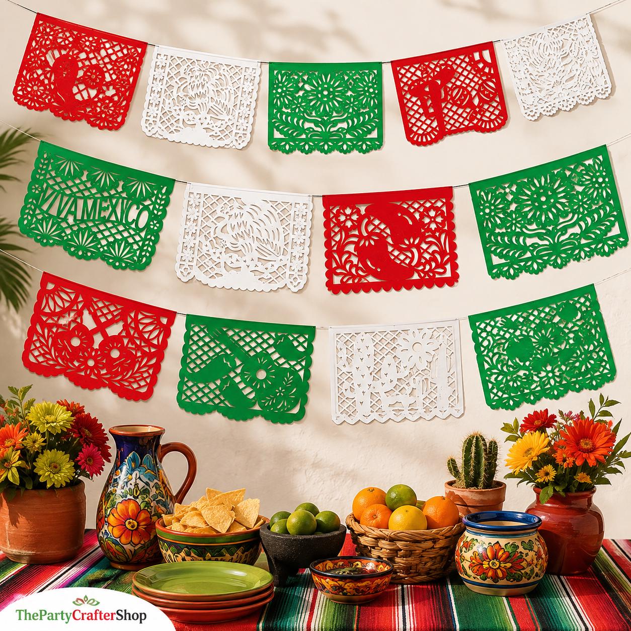 Papel Picado Banner, Mexican Independence Day Fiesta Decor, Red Green White Bunting