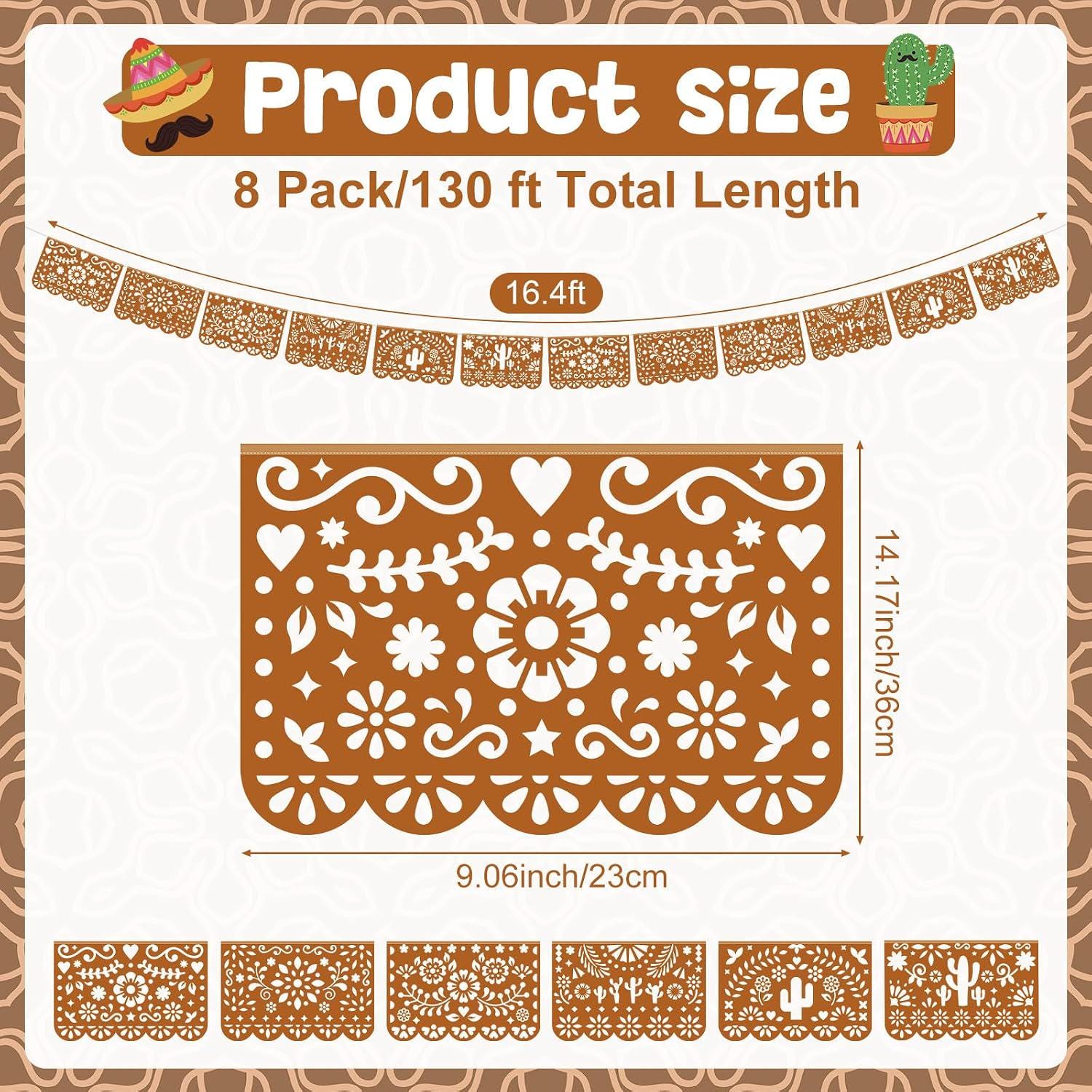 Papel Picado Banner Garland 8 Pack, Mexican Fiesta Plastic Decorations, Independence day Party Decor
