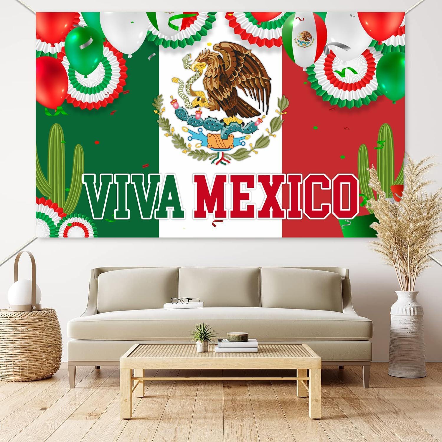 Viva Mexico Banner Backdrop, Mexican Independence Day Decorations, Dia de Mexico Fiesta Party Decor