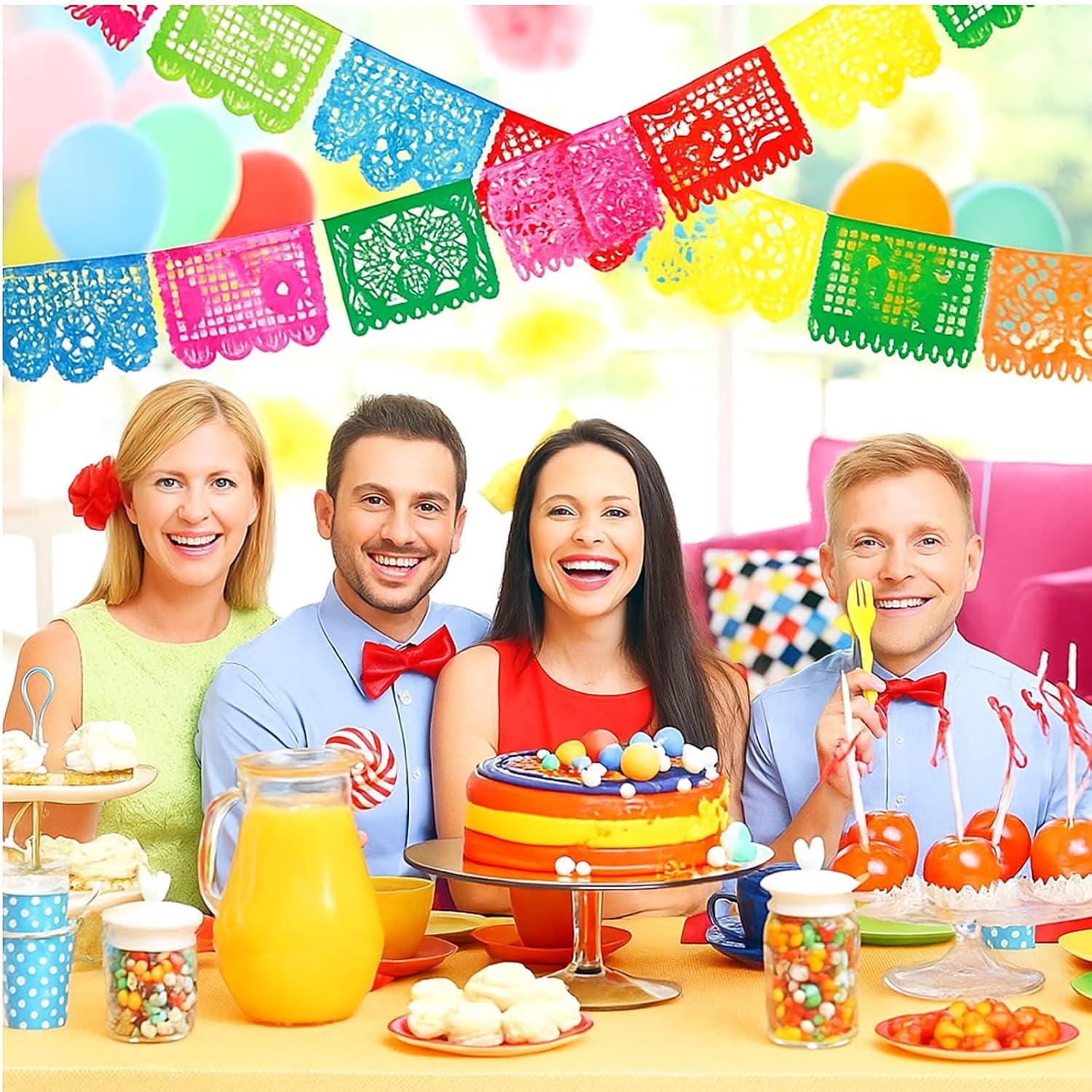 Papel Picado Banner, Mexican Fiesta Garland, Colorful Plastic Panels (4 Packs)