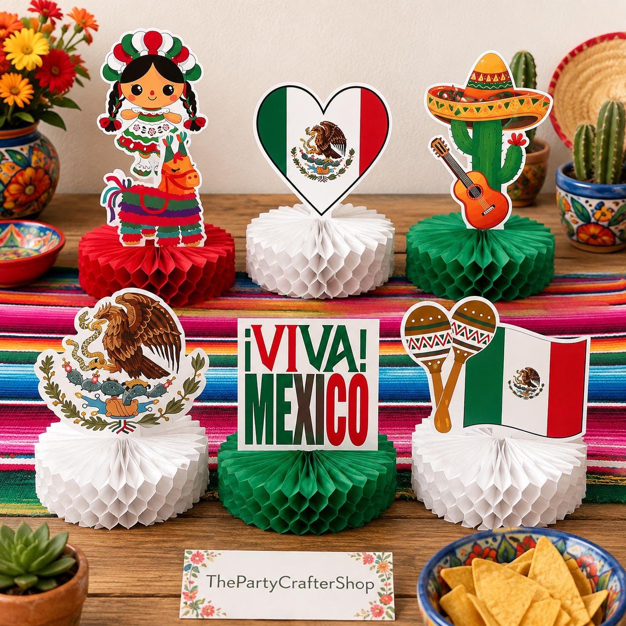 Viva Mexico Honeycomb Centerpieces, 9-Piece Fiesta Table Decor (Red, Green, White)