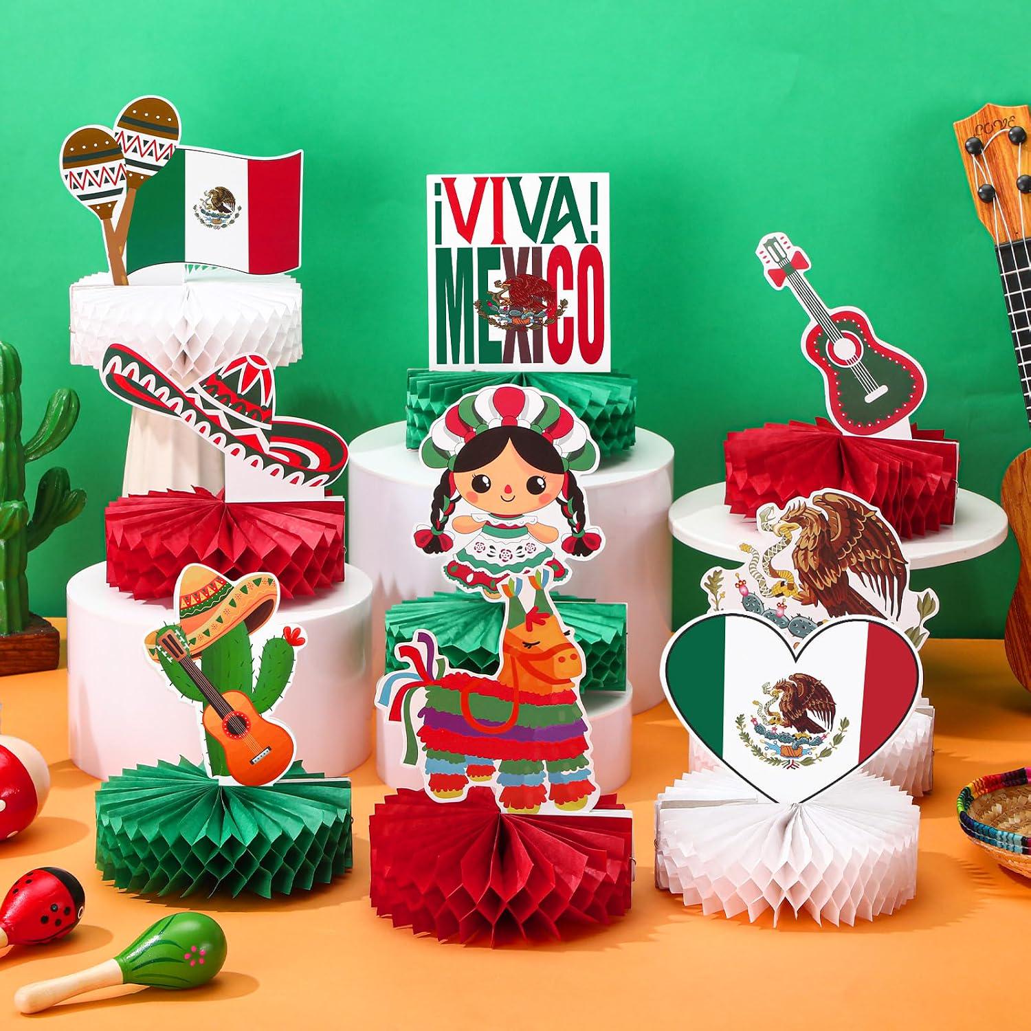 Viva Mexico Honeycomb Centerpieces, 9-Piece Fiesta Table Decor (Red, Green, White)