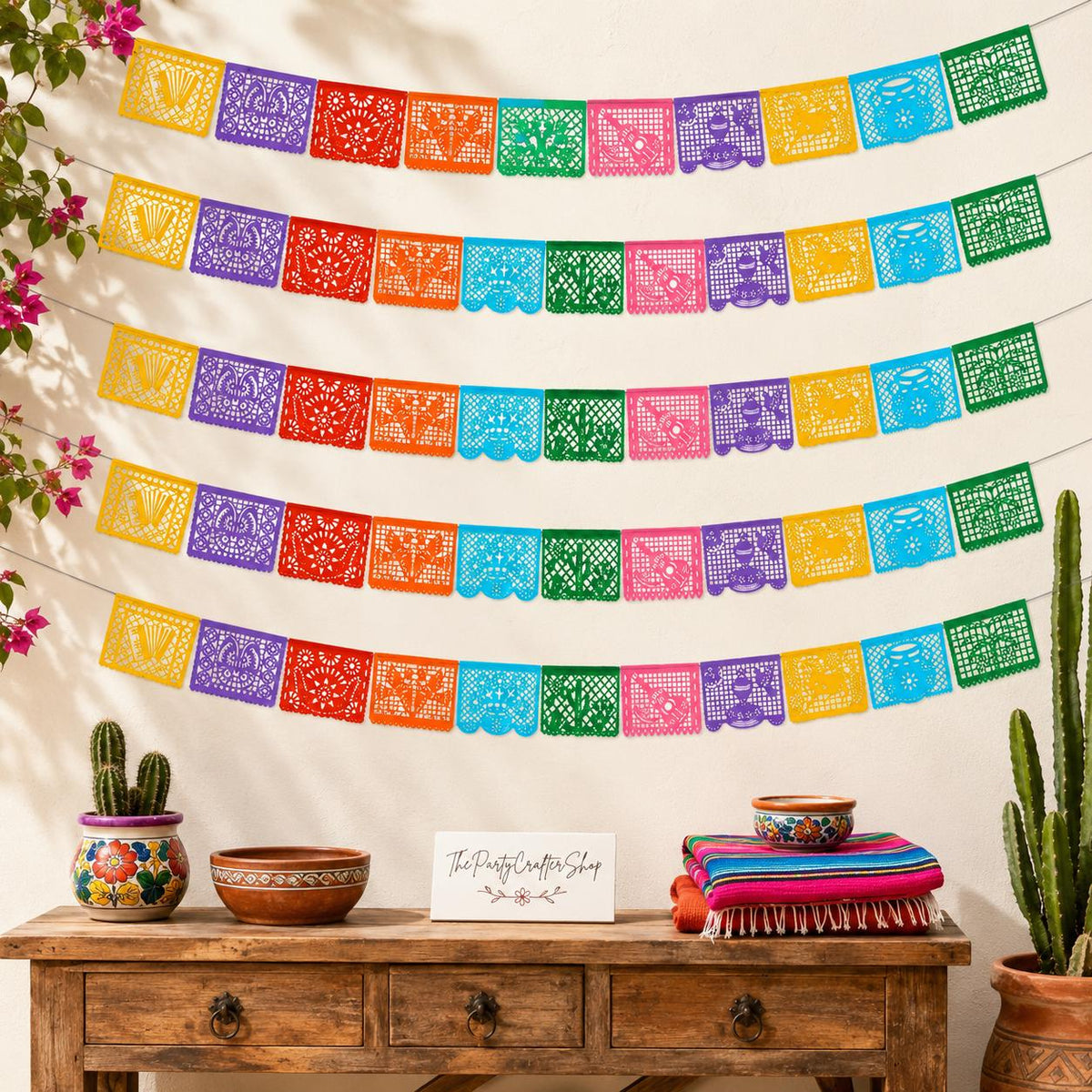 Mexican Papel Picado Banner 132FT 6 Pack, Waterproof Fiesta Garland, Colorful Banderas Party Decorations
