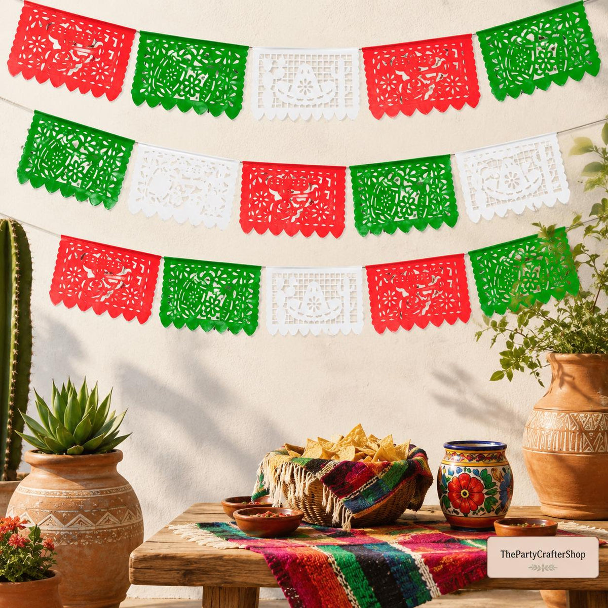 Red Green White Papel Picado Banner 3 Pack, Mexican Independence Day Tricolor Fiesta Decorations