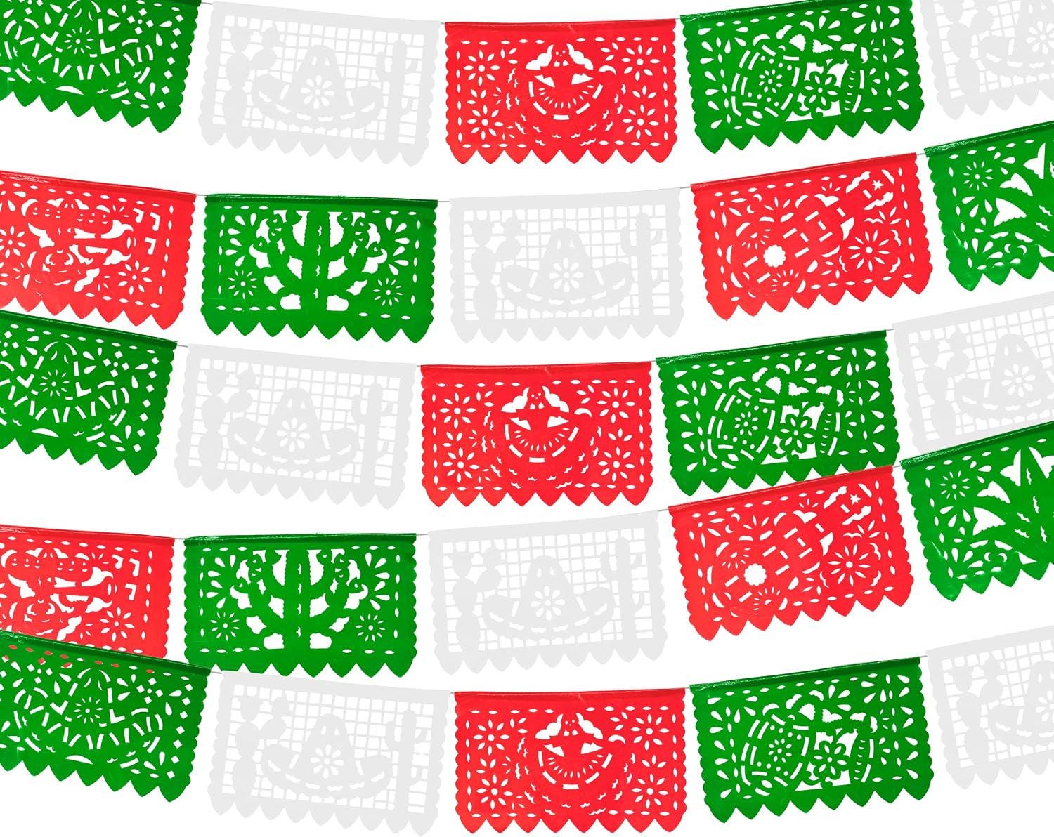 Red Green White Papel Picado Banner 3 Pack, Mexican Independence Day Tricolor Fiesta Decorations