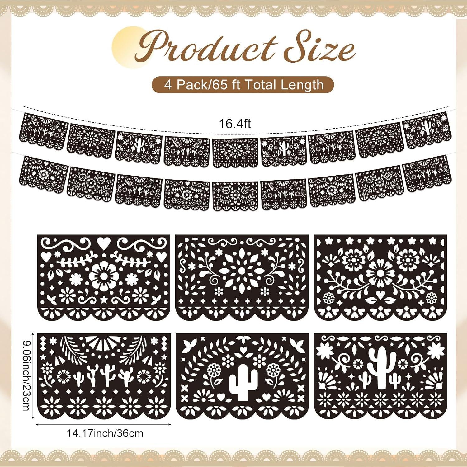 Mexican Papel Picado Banner 4 Pack, Black Fiesta Garland, Cielito Lindo Decor