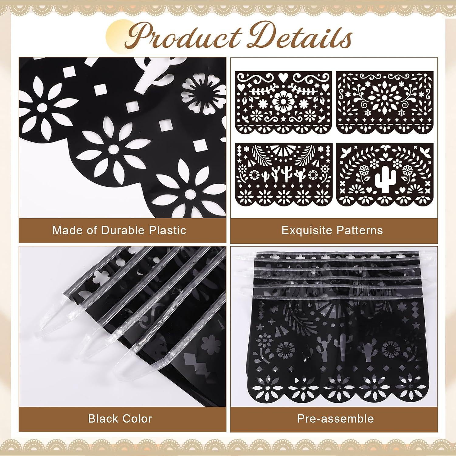 Mexican Papel Picado Banner 4 Pack, Black Fiesta Garland, Cielito Lindo Decor
