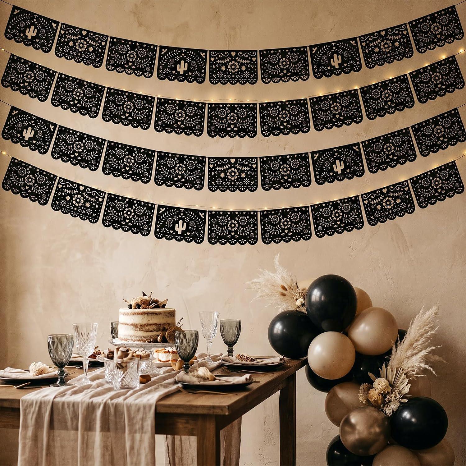 Mexican Papel Picado Banner 4 Pack, Black Fiesta Garland, Cielito Lindo Decor