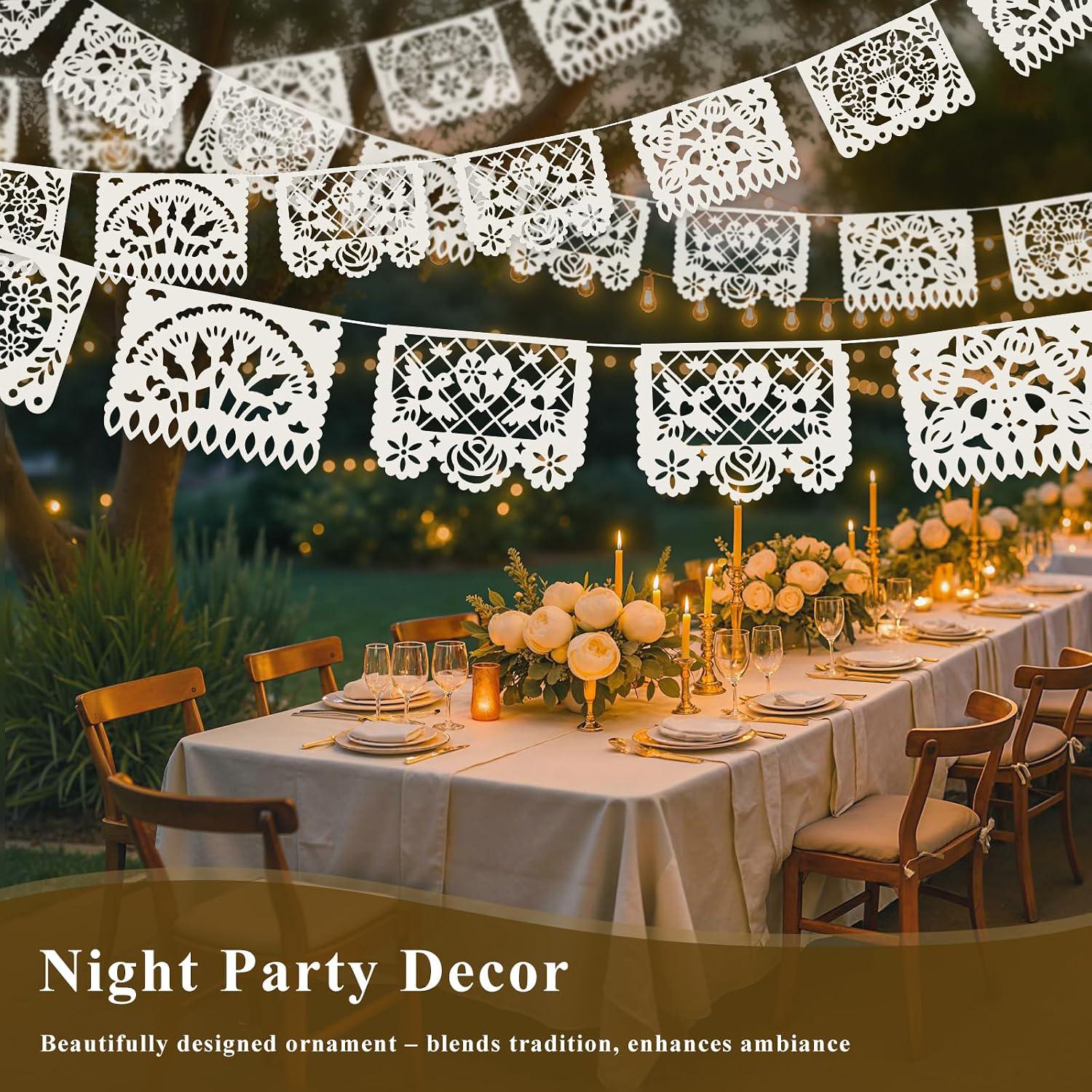 White Papel Picado Banner Set, Mexican Fiesta Wedding Decor (5 Pack)