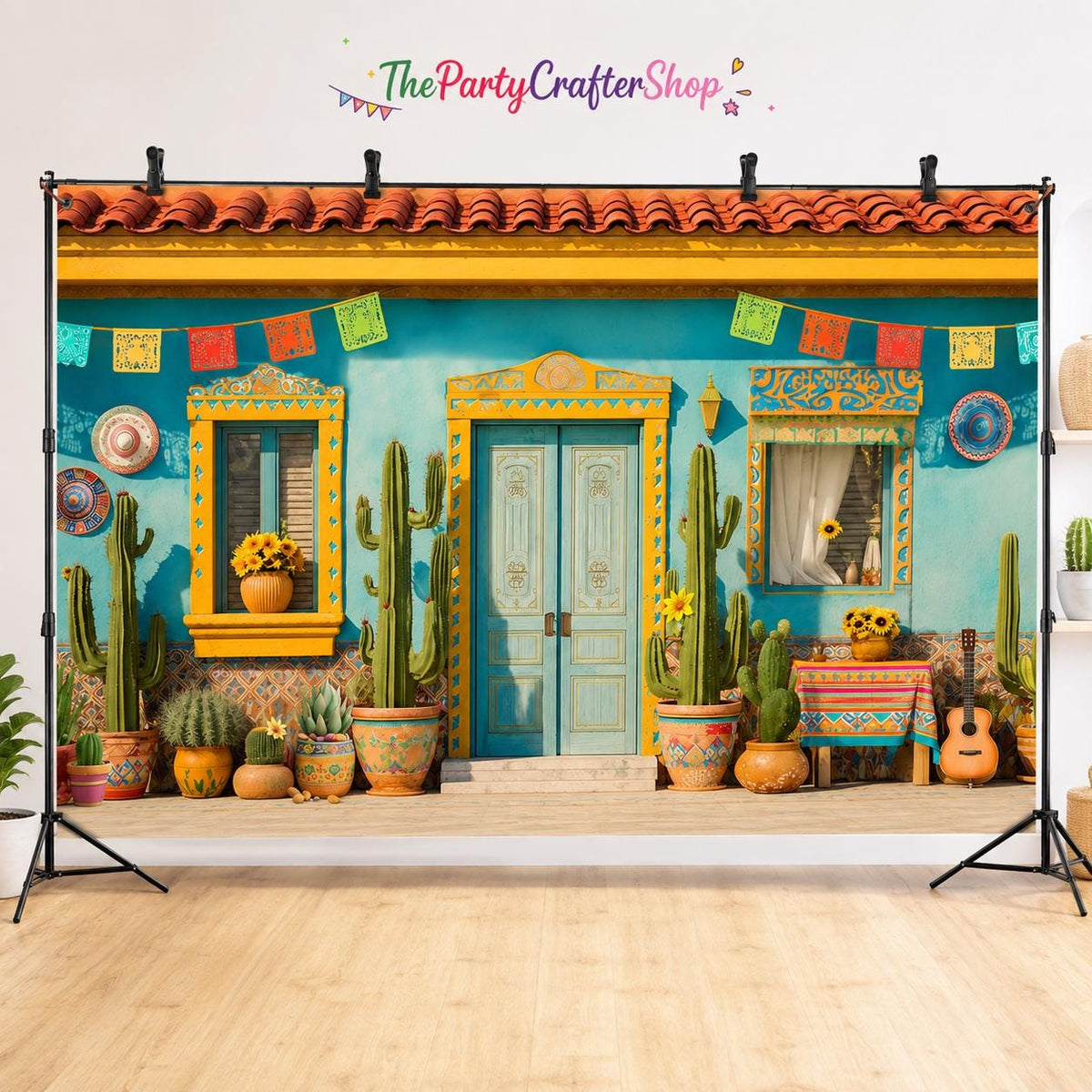 Mexican Fiesta Backdrop, Papel Picado, Cacti, Sombreros (70.8 x 43.3 Inch)