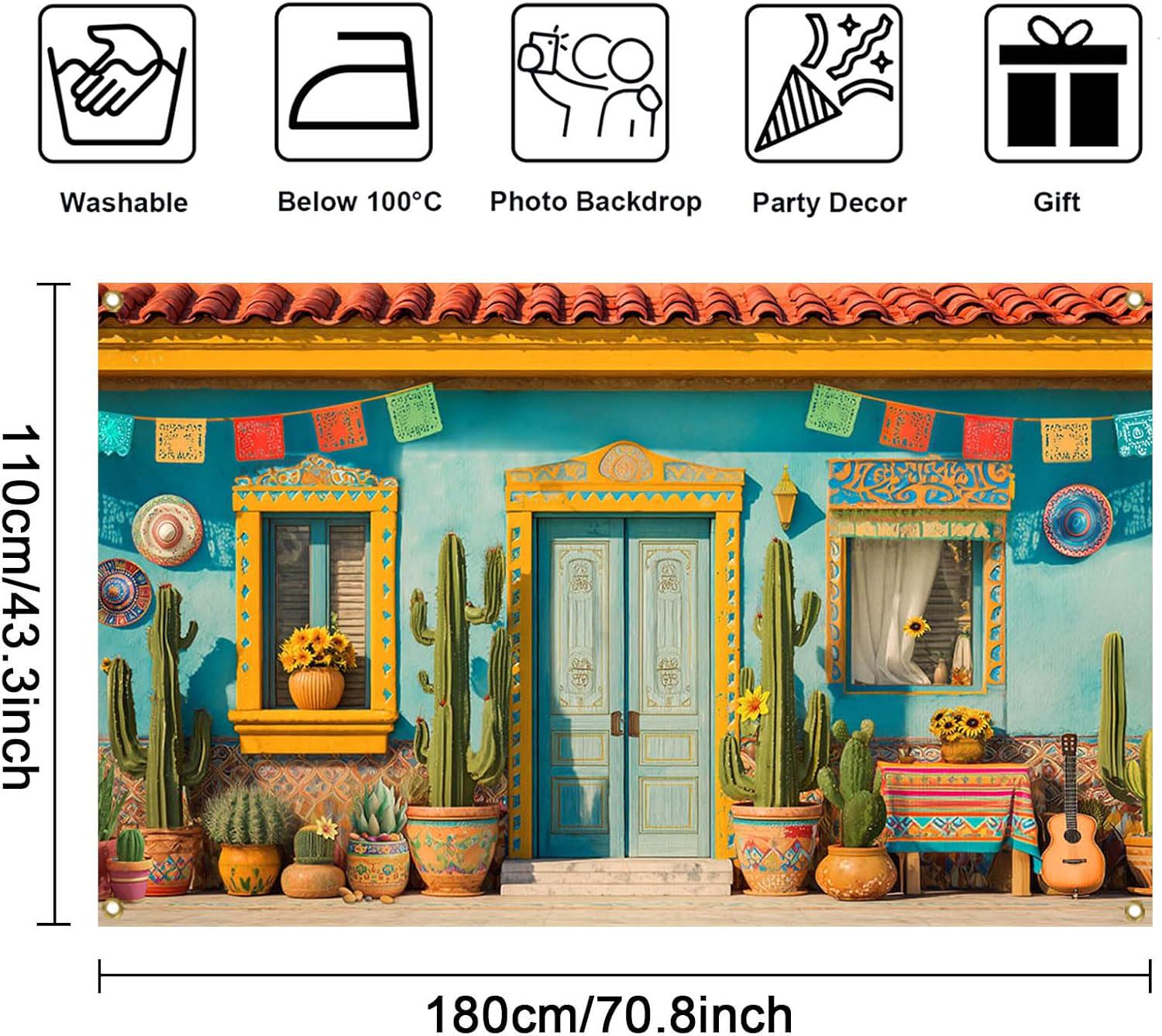 Mexican Fiesta Backdrop, Papel Picado, Cacti, Sombreros (70.8 x 43.3 Inch)