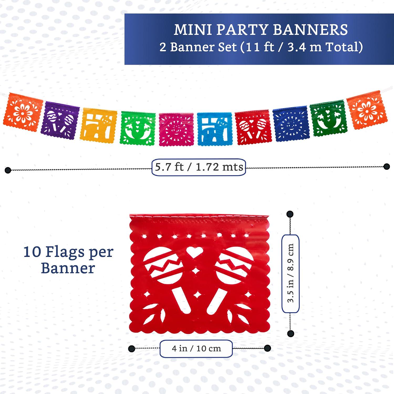 Mini Papel Picado Banner, Mexican Fiesta Decorations, Plastic Flags (2 Pack)