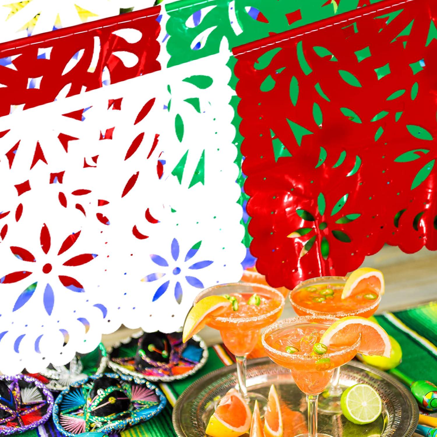 Mexican Papel Picado Banner 4 Pack, Green White Red Plastic Fiesta Garland Party Decor
