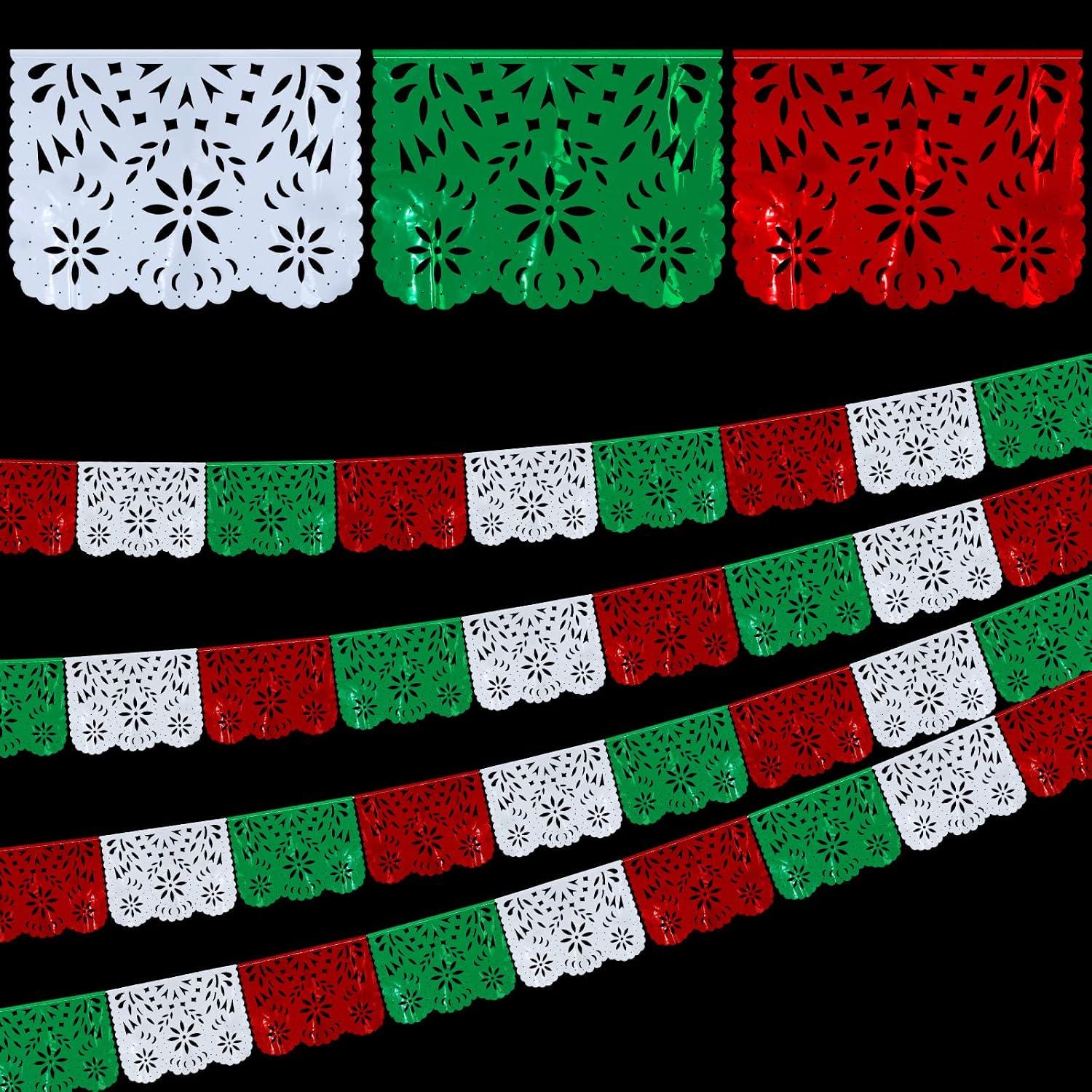 Mexican Papel Picado Banner 4 Pack, Green White Red Plastic Fiesta Garland Party Decor