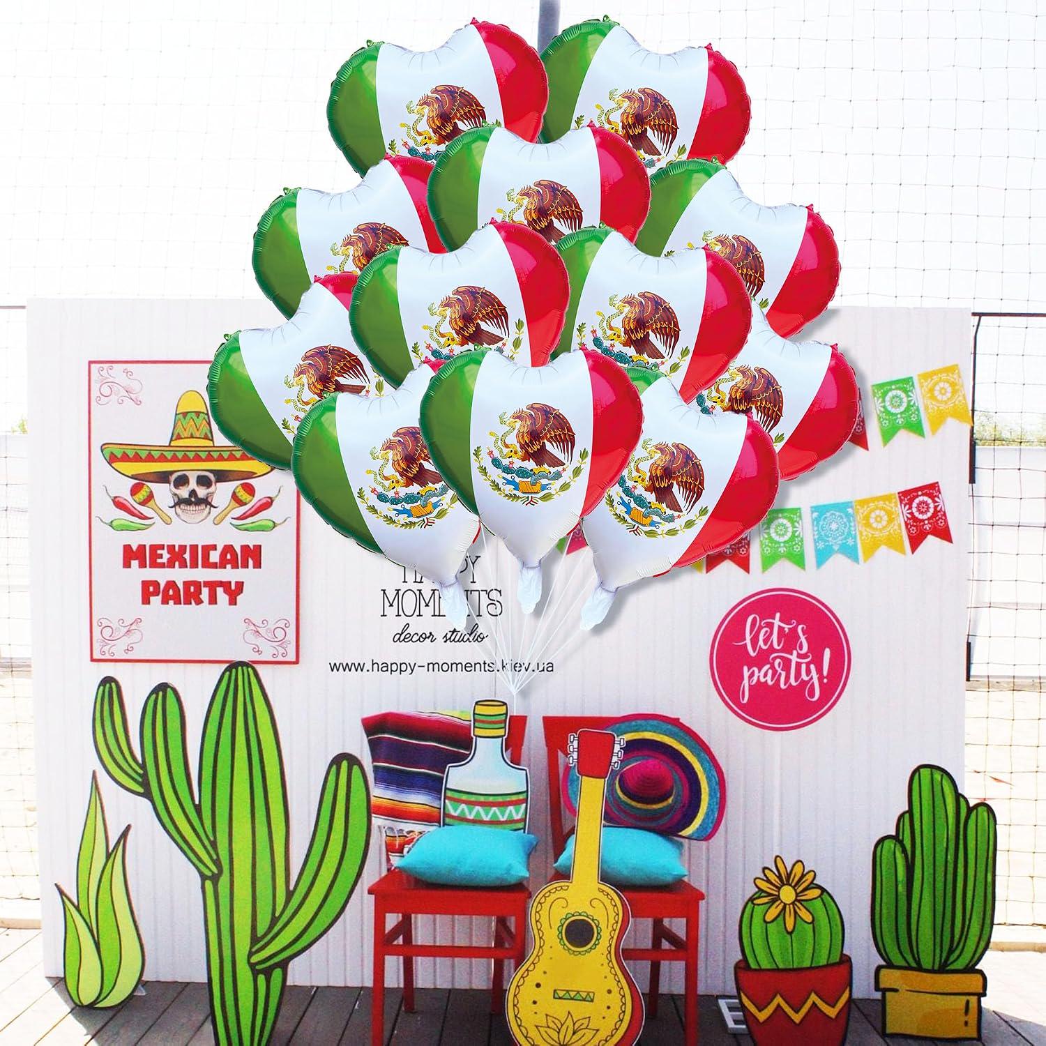 10PCS Mexican Flag Heart Foil Balloons, Fiesta Party Decor