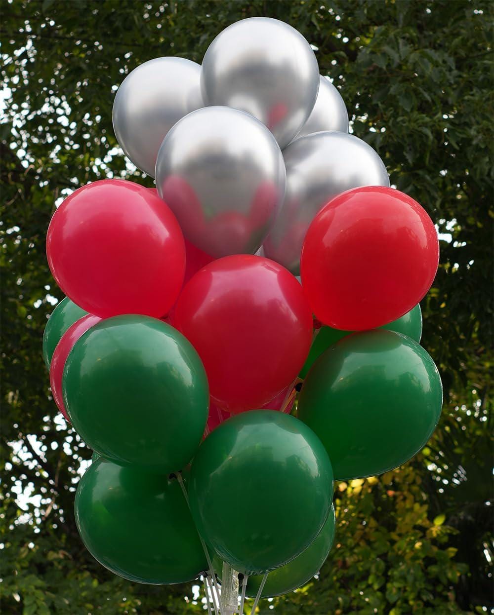100 Mexican Independence Day Balloons, Red Green Silver Latex Party Decorations (12 Inch)