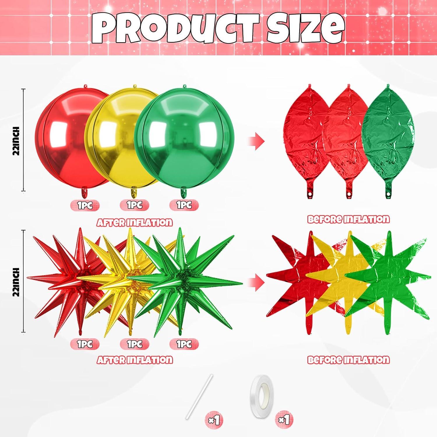 6PCS Mexican Independence Day Star Balloons, Red Green Gold Foil Party Decorations